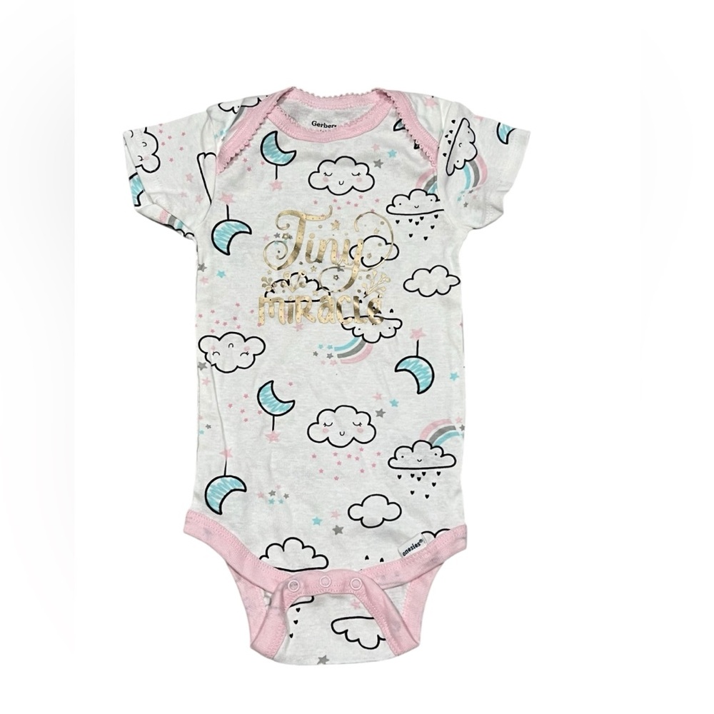Gerber “Tiny Miracle” Baby Bodysuit | Clouds & Rainbows Print | Size 6–9M